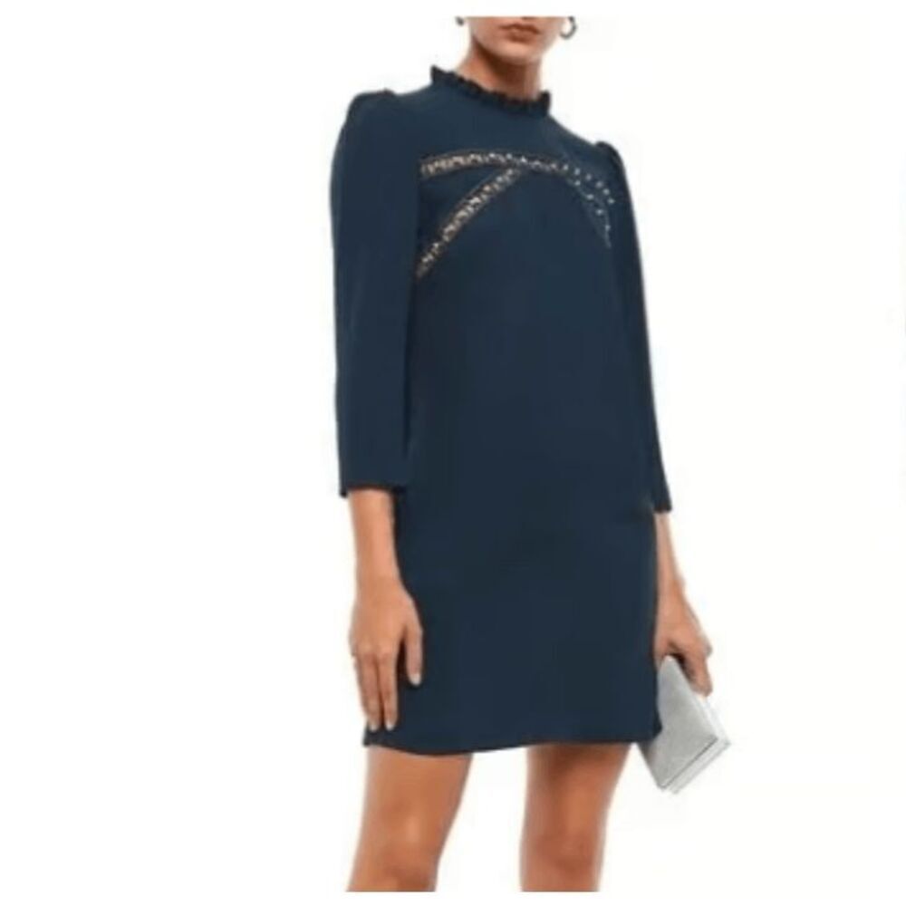 NWOT Sandro Hugo Faux-Pearl Embellished Cutout Crepe Long Sleeve Dress Women's 4
